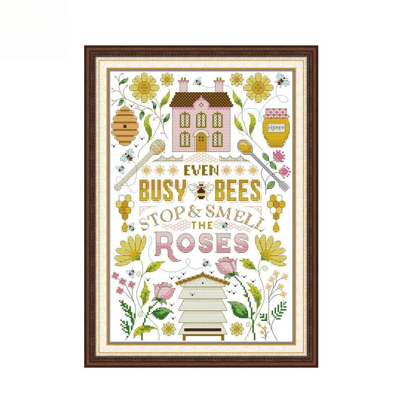 "Even Busy Bees Stop&Smell The Roses" Cross Stitch DIY Kit