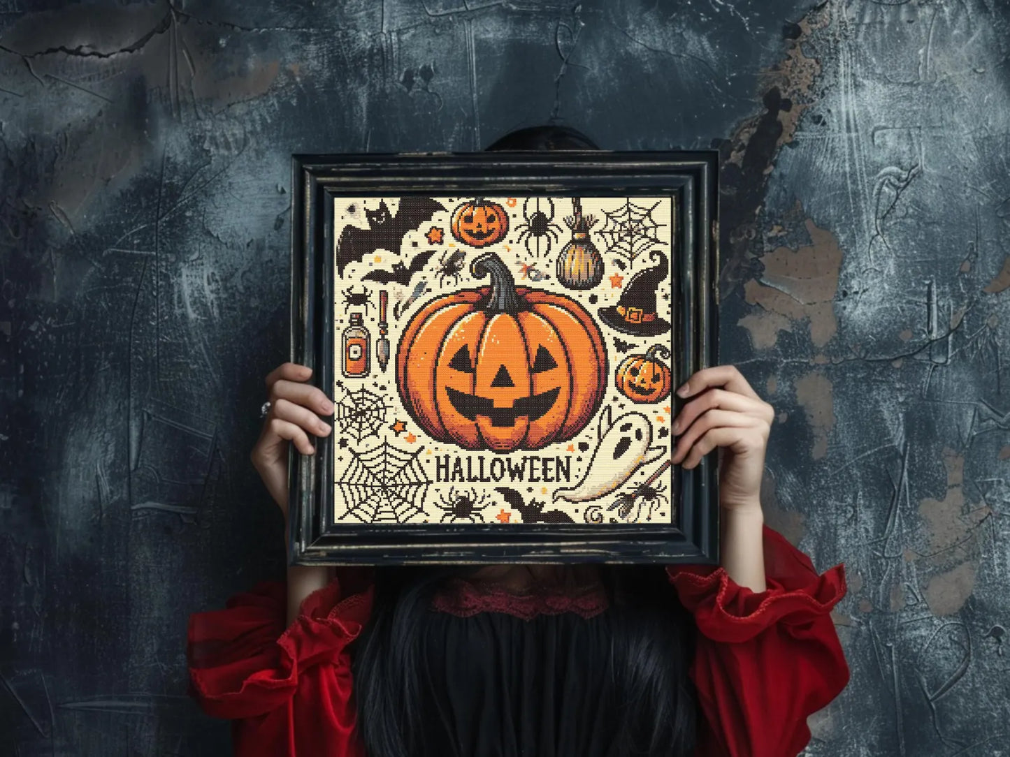 Spooky Gothic Halloween Pumpkin Cross Stitch Kit