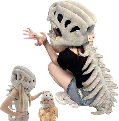 🦖Wearable Skeleton Plush,Dinosaur Skull Headpiece and Spine Costume for Adult