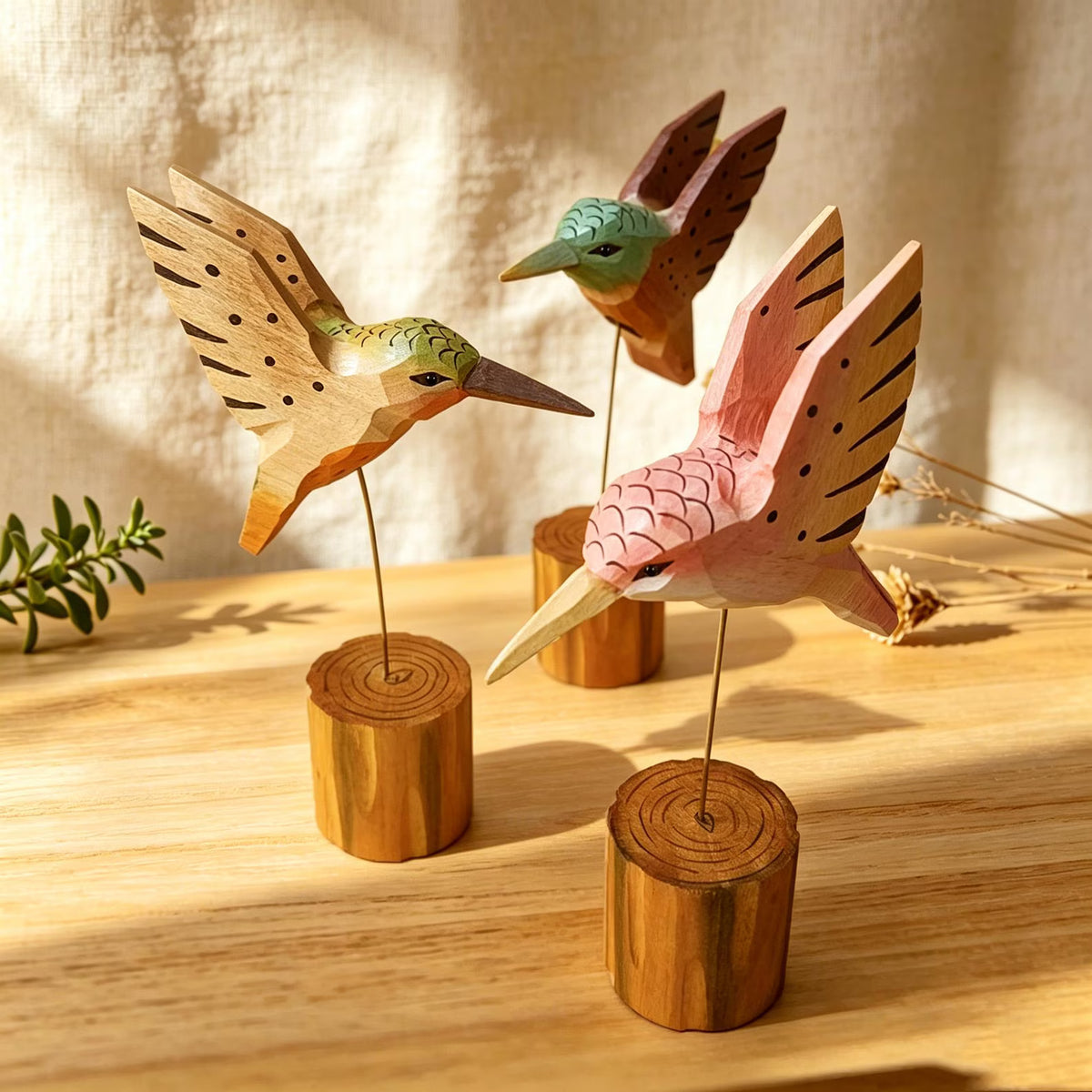 Hand-Carved Wooden Hummingbird Figurine