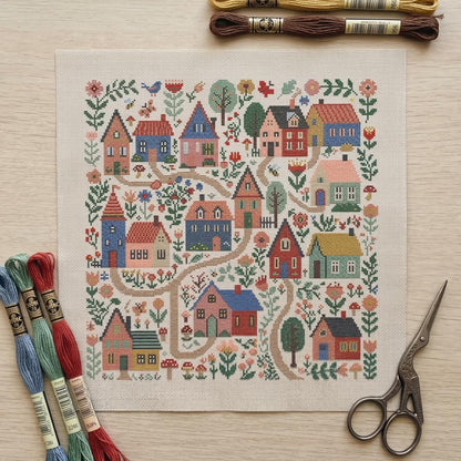 Village Cross Stitch DIY Kit-Folk Art Houses and Flowers