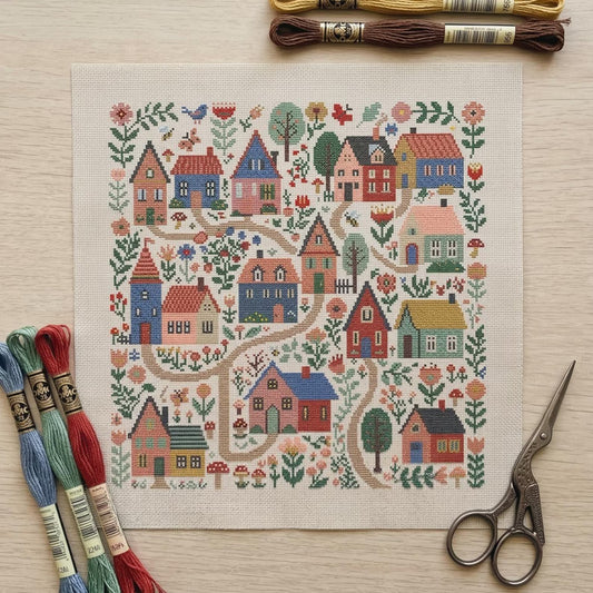 Village Cross Stitch DIY Kit-Folk Art Houses and Flowers
