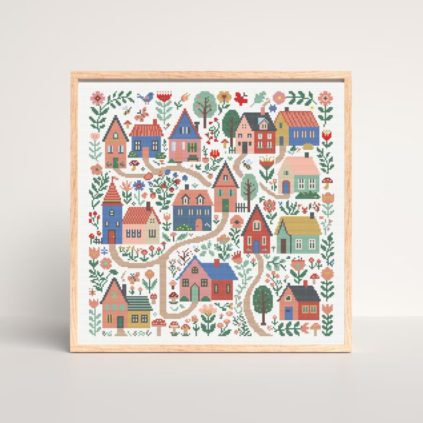 Village Cross Stitch DIY Kit-Folk Art Houses and Flowers