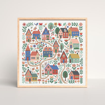 Village Cross Stitch DIY Kit-Folk Art Houses and Flowers
