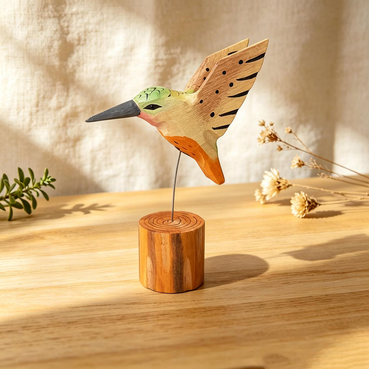 Hand-Carved Wooden Hummingbird Figurine