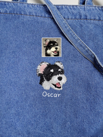 Custom Pet Portrait Embroidered Denim Tote Bag | Handmade Sentimental Pet Keepsake Gift（副本）