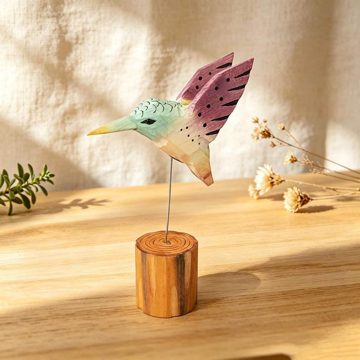 Hand-Carved Wooden Hummingbird Figurine