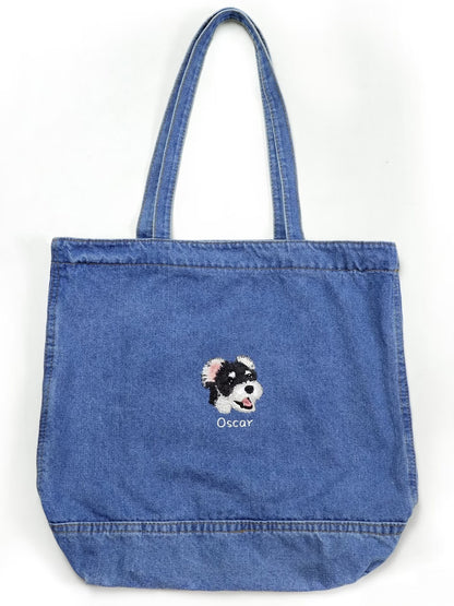 Custom Pet Portrait Embroidered Denim Tote Bag | Handmade Sentimental Pet Keepsake Gift（副本）
