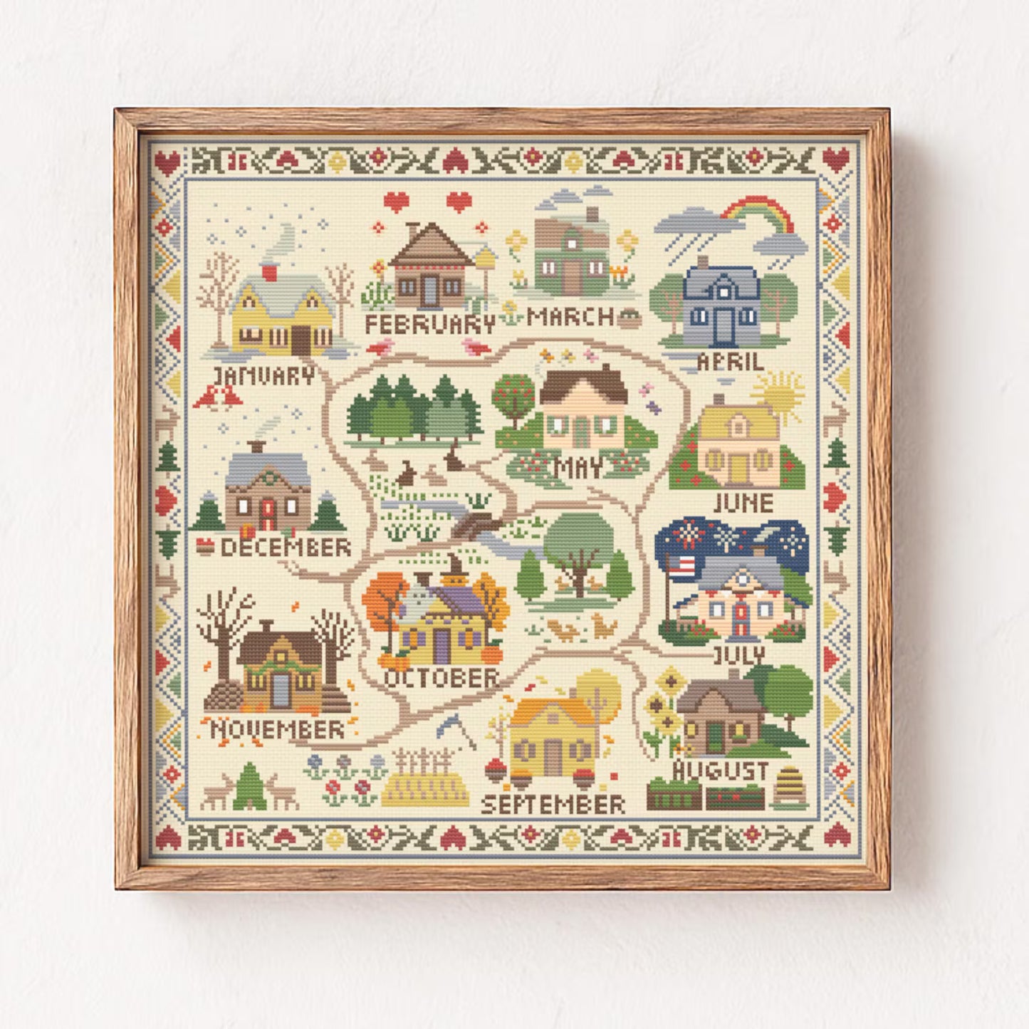 Village Map Calendar counted Cross Stitch DIY Kit-12 Month Folk Art Cottage Landscape