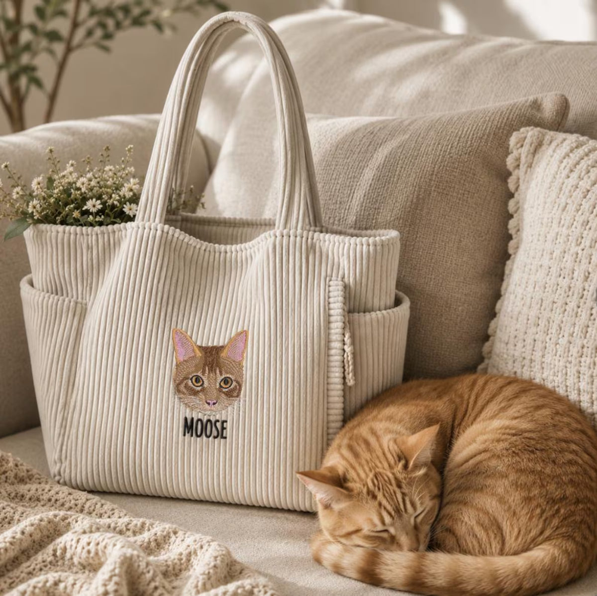 Custom Pet Portrait Embroidered Tote Bag | Handmade Sentimental Pet Keepsake Gift