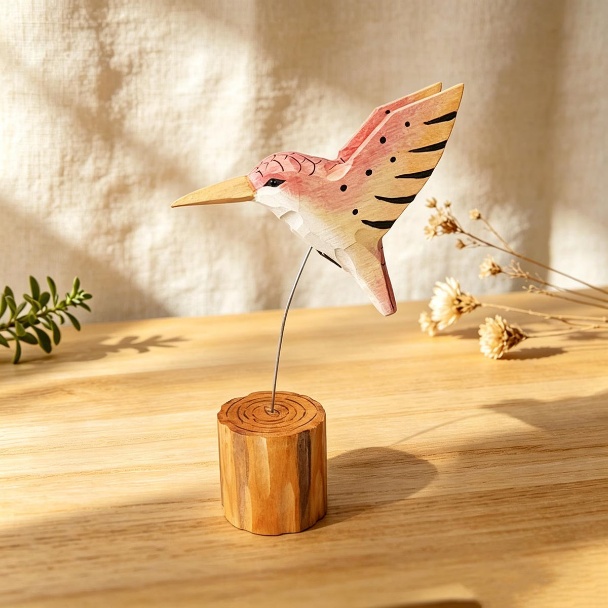 Hand-Carved Wooden Hummingbird Figurine