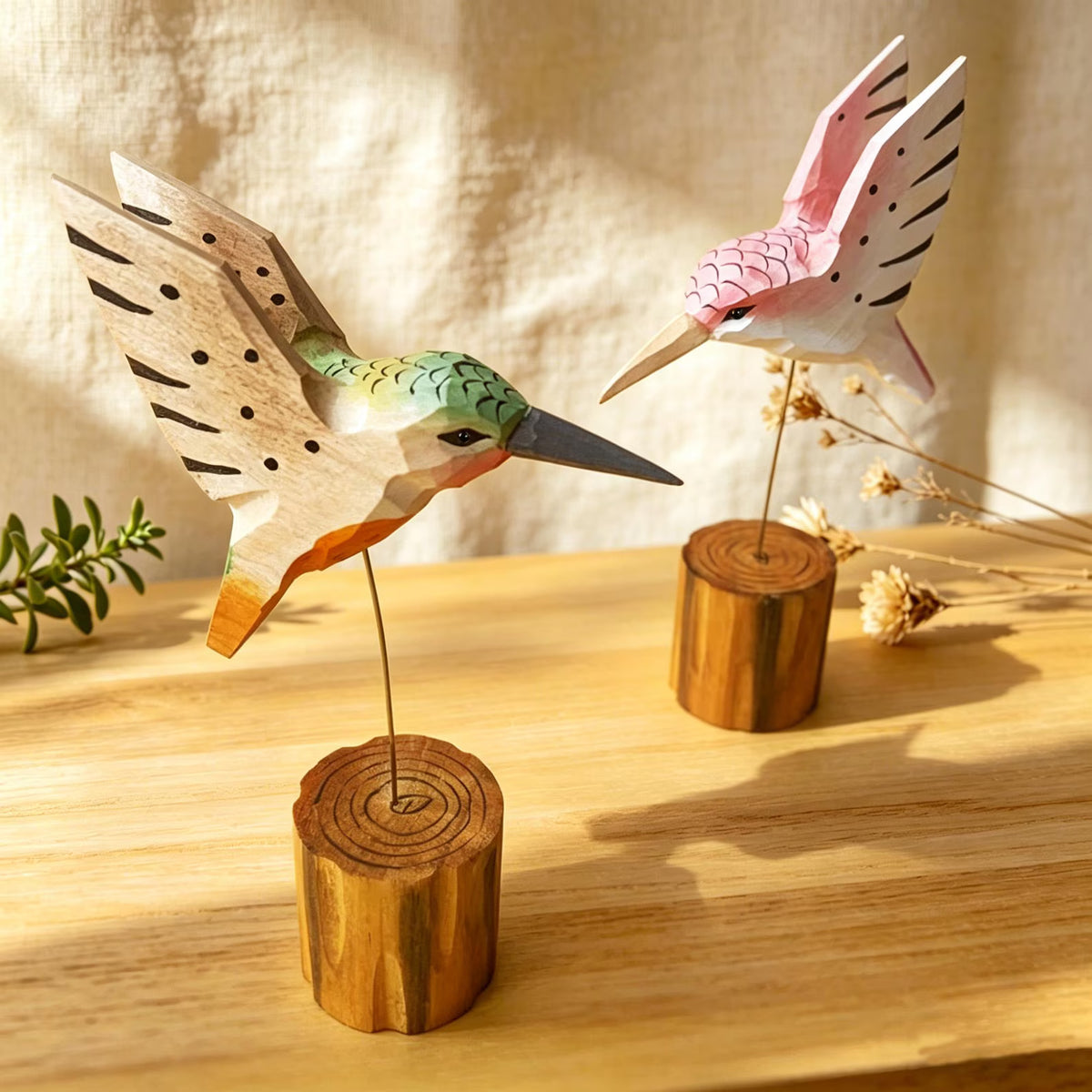 Hand-Carved Wooden Hummingbird Figurine