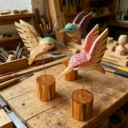 Hand-Carved Wooden Hummingbird Figurine
